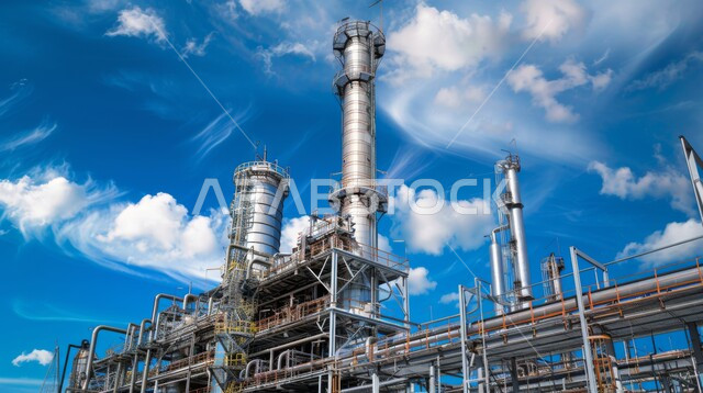 المشاريع البتروكيماوية المساهمة في نهضة الاقتصاد الوطني السعودي، مصانع ومعامل النفط في المملكة العربية السعودية، مصفاة تكرير النفط والغاز, مفهوم هندسة البترول في دول الخليج, إضاءة الأبراج والهياكل المعدنية في وقت الفجر, مستودعات وخزانات كبيرة وضخمة