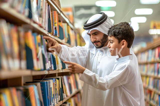 مفهوم التعليم في المملكة العربية السعودية، التجهز للذهاب الى المدرسة، التحضير لبداية العام الدراسي الجديد، صورة مقربة لولدعربي خليجي سعودي يرتدي الثوب التقليدي يقوم بشراء الكتب والقرطاسية المدرسية مع والده