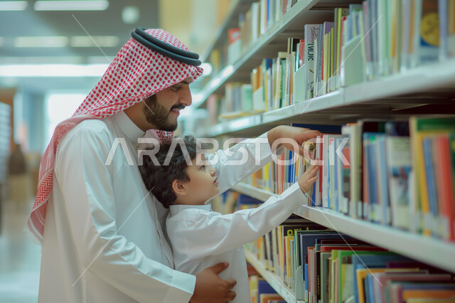 أهمية التعليم في المملكة العربية السعودية، التجهز للذهاب الى المدرسة، التحضير لبداية العام الدراسي الجديد، صورة مقربة لولدعربي خليجي سعودي يرتدي الثوب التقليدي يقوم بشراء الكتب والقرطاسية المدرسية مع والده