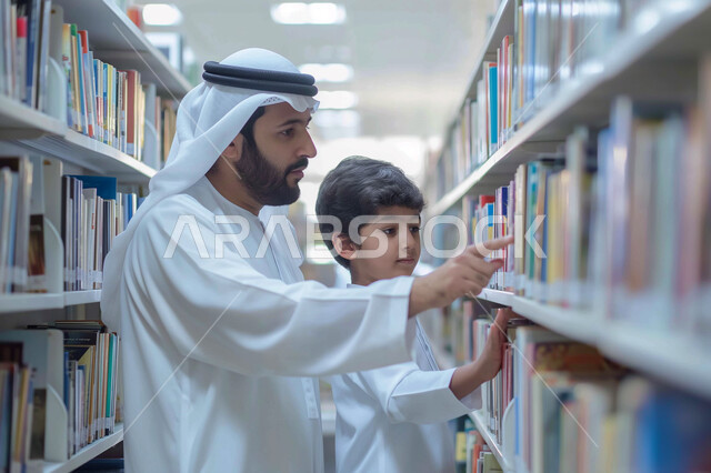 التجهز للذهاب الى المدرسة، التحضير لبداية العام الدراسي الجديد، صورة مقربة لولدعربي خليجي سعودي يرتدي الثوب التقليدي يقوم بشراء الكتب والقرطاسية المدرسية مع والده، أهمية التعليم في المملكة العربية السعودية