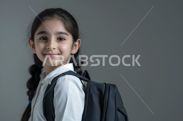 النظر الى الكاميرا بايماءات السعادة والسرور، العوده إلى المدارس, تعابير الأدب والأخلاق, حب التعلم والتعليم, بورتريه مقرب من الجانب لطالبة عربيه خليجية سعودية ترتدي المريول المدرسي وتحمل حقيبة الظهر المدرسية, الإستعداد للعام الدراسي الجديد, خلفية رمادية