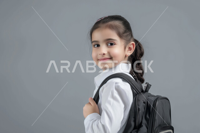 العوده إلى المدارس, تعابير الأدب والأخلاق, حب التعلم والتعليم, بورتريه مقرب من الجانب لطالبة عربيه خليجية سعودية ترتدي المريول المدرسي وتحمل حقيبة الظهر المدرسية, النظر الى الكاميرا بايماءات السعادة والسرور، الإستعداد للعام الدراسي الجديد, خلفية رمادية