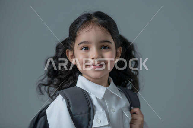 تعابير الأدب والأخلاق, حب التعلم والتعليم, العوده إلى المدارس, بورتريه مقرب من الجانب لطالبة عربيه خليجية سعودية ترتدي المريول المدرسي وتحمل حقيبة الظهر المدرسية, النظر الى الكاميرا بايماءات السعادة والسرور، الإستعداد للعام الدراسي الجديد, خلفية رمادية