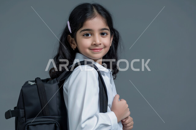 حب التعلم والتعليم, تعابير الأدب والأخلاق, العوده إلى المدارس, بورتريه مقرب من الجانب لطالبة عربيه خليجية سعودية ترتدي المريول المدرسي وتحمل حقيبة الظهر المدرسية, النظر الى الكاميرا بايماءات السعادة والسرور، الإستعداد للعام الدراسي الجديد, خلفية رمادية