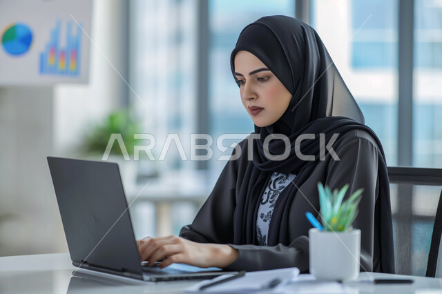 مهن ووظائف مكتبية نسائية، إدارة وتنظيم الأعمال ضمن مقر الشركة, بيئة العمل المريحة في شركات المملكة، استخدام الوسائل التقنية الحديثة والمتطورة لإنجاز المهام, امرأة عربية خليجية سعودية محجبة ترتدي عباءة سوداء تعمل على الحاسب المحمول