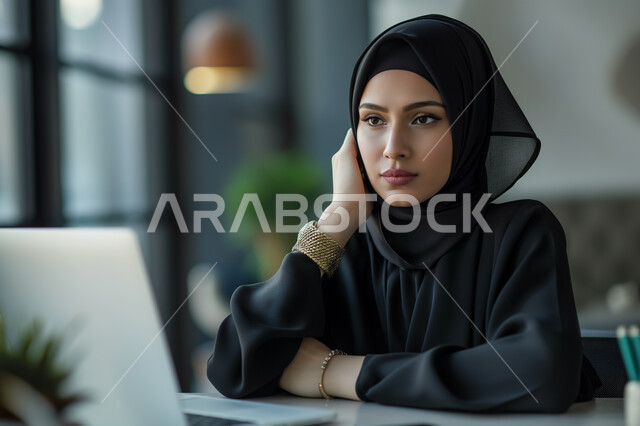 مهن ووظائف مكتبية نسائية، إدارة وتنظيم الأعمال ضمن مقر الشركة, بيئة العمل المريحة في شركات المملكة، استخدام الوسائل التقنية الحديثة والمتطورة لإنجاز المهام, امرأة عربية خليجية سعودية محجبة ترتدي عباءة سوداء تعمل على الحاسب المحمول