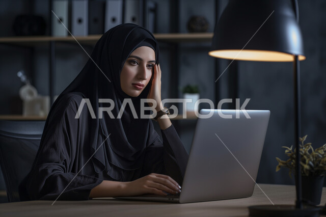 مهن ووظائف مكتبية نسائية، إدارة وتنظيم الأعمال ضمن مقر الشركة, بيئة العمل المريحة في شركات المملكة، استخدام الوسائل التقنية الحديثة والمتطورة لإنجاز المهام, امرأة عربية خليجية سعودية محجبة ترتدي عباءة سوداء تعمل على الحاسب المحمول