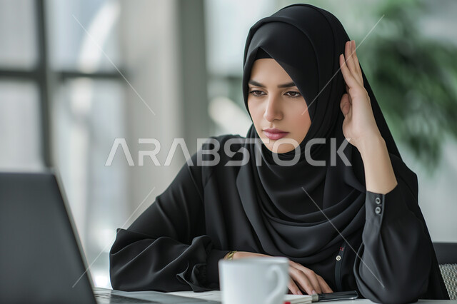 مهن ووظائف مكتبية نسائية، إدارة وتنظيم الأعمال ضمن مقر الشركة, بيئة العمل المريحة في شركات المملكة، استخدام الوسائل التقنية الحديثة والمتطورة لإنجاز المهام, امرأة عربية خليجية سعودية محجبة ترتدي عباءة سوداء تعمل على الحاسب المحمول
