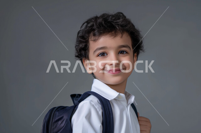 حب التعلم والتعليم, الإستعداد للعام الدراسي الجديد, ايماءات الأدب والأخلاق, النظر الى الكاميرا بتعابير السعادة والسرور، العوده إلى المدارس, بورتريه مقرب لطالب عربي خليجي سعودي يرتدي الثوب التقليدي ويحمل حقيبة الظهر المدرسية, خلفية رمادية