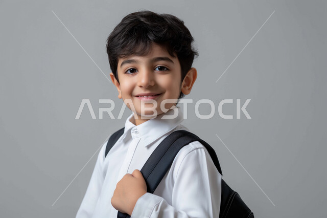 الإستعداد للعام الدراسي الجديد, ايماءات الأدب والأخلاق, النظر الى الكاميرا بتعابير السعادة والسرور، العوده إلى المدارس, حب التعلم والتعليم, بورتريه مقرب لطالب عربي خليجي سعودي يرتدي الثوب التقليدي ويحمل حقيبة الظهر المدرسية, خلفية رمادية