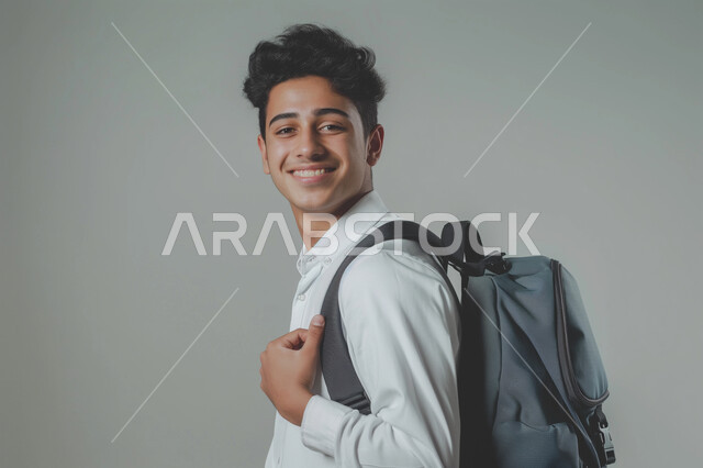 ايماءات الأدب والأخلاق, النظر الى الكاميرا بتعابير السعادة والسرور، العوده إلى المدارس, حب التعلم والتعليم, بورتريه مقرب لطالب عربي خليجي سعودي يرتدي الثوب التقليدي ويحمل حقيبة الظهر المدرسية, الإستعداد للعام الدراسي الجديد, خلفية رمادية