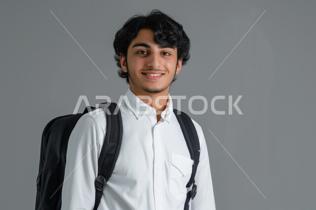 النظر الى الكاميرا بايماءات السعادة والسرور، العوده إلى المدارس, تعابير الأدب والأخلاق, حب التعلم والتعليم, بورتريه مقرب لطالب عربي خليجي سعودي يرتدي الثوب التقليدي ويحمل حقيبة الظهر المدرسية, الإستعداد للعام الدراسي الجديد, خلفية رمادية