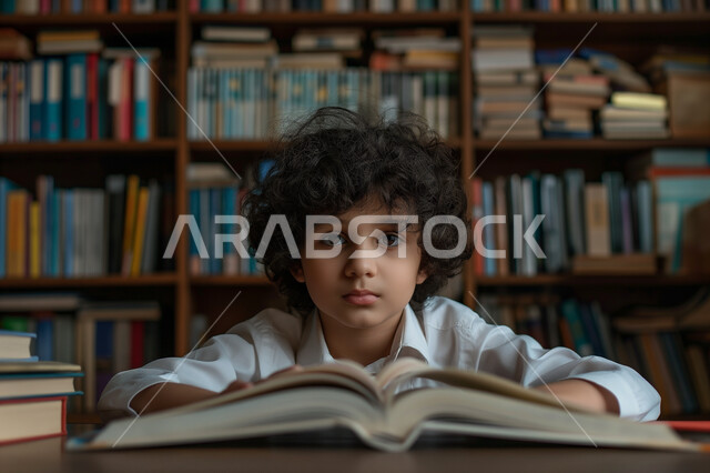 Receiving information in the classroom, developing cultural and intellectual skills, education and teaching according to the curricula prescribed for students in the Kingdom of Saudi Arabia, a close-up of a Saudi Arabian Gulf student wearing traditional dress sitting in the library and looking at the camera with gestures of exhaustion and frown