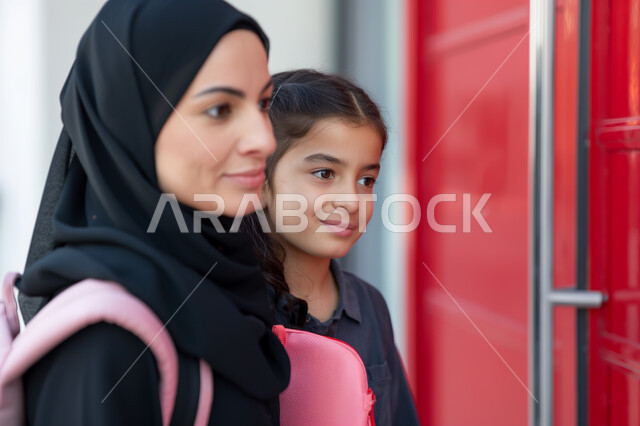 الالتزام بالدوام المدرسي، استقبال العام الدراسي الجديد، أم عربية خليجية سعودية محجبة تقوم بتوصيل ابنتها إلى المدرسة، مفهوم التعلم والتعليم في المملكة العربية السعودية، المثابرة والاجتهاد للوصول الى المراتب العليا