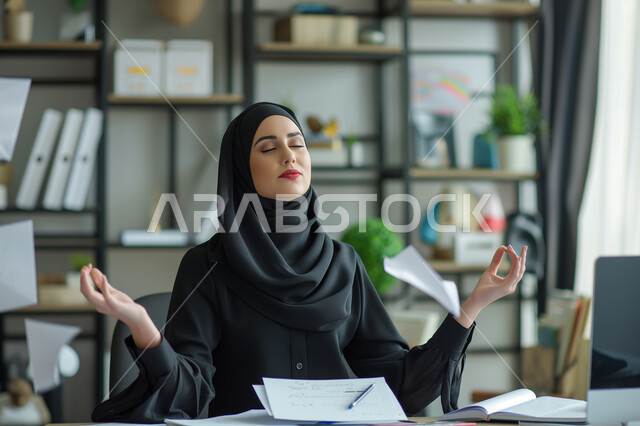 إدارة وتنظيم الأعمال ضمن مقر الشركة, مهن ووظائف مكتبية نسائية، بيئة العمل المريحة في شركات المملكة, امرأة عربية خليجية سعودية محجبة ترتدي عباءة سوداء تقوم برمي الأوراق احتفالاً بإنهاء المهام اليومية