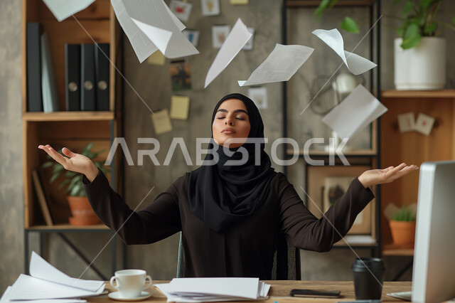 Business management and organization within the company's headquarters, women's office jobs and professions, comfortable work environment in the Kingdom's companies, a veiled Saudi Arabian Gulf woman wearing a black abaya throwing papers in celebration of completing daily tasks