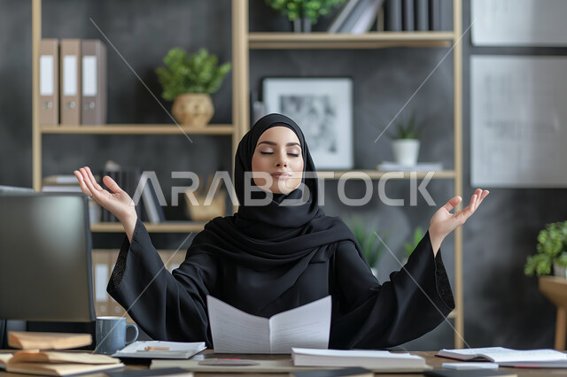 Business management and organization within the company's headquarters, women's office jobs and professions, comfortable work environment in the Kingdom's companies, a veiled Saudi Arabian Gulf woman wearing a black abaya throwing papers in celebration of completing daily tasks