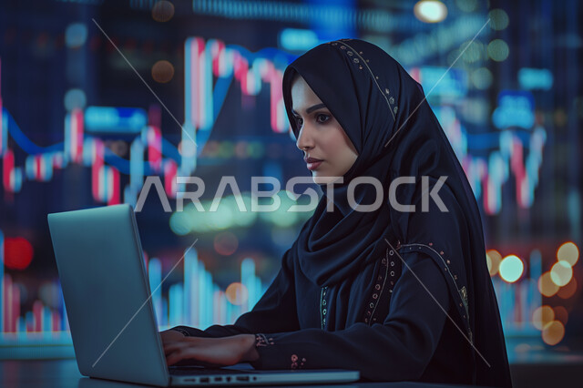استخدام الوسائل التقنية الحديثة والمتطورة لإنجاز المهام، إدارة وتنظيم الأعمال ضمن مقر الشركة, بيئة العمل المريحة في شركات المملكة،  مهن ووظائف مكتبية نسائية, امرأة عربية خليجية سعودية محجبة ترتدي عباءة سوداء تعمل على الحاسب المحمول