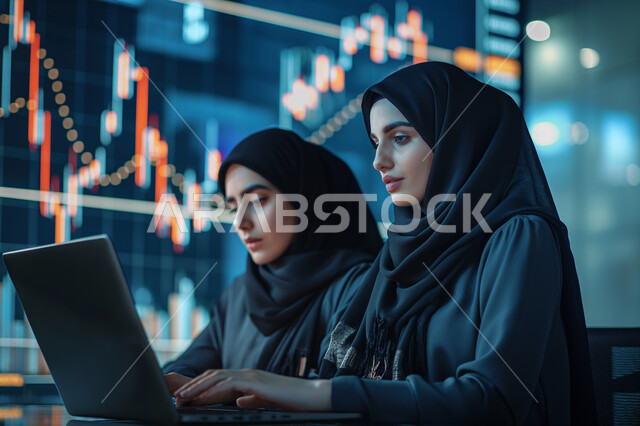 استخدام الوسائل التقنية الحديثة والمتطورة لإنجاز المهام، إدارة وتنظيم الأعمال ضمن مقر الشركة, بيئة العمل المريحة في شركات المملكة،  مهن ووظائف مكتبية نسائية, إمرأتان عربيتان خليجيتان سعوديتان محجبتان ترتدي كل منهما عباءة سوداء وتعمل على الحاسب المحمول