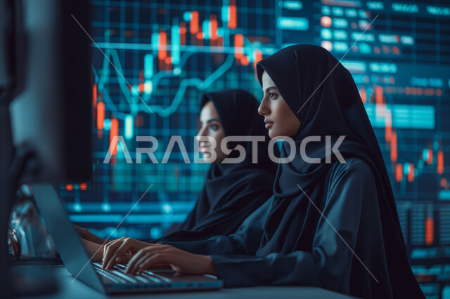 استخدام الوسائل التقنية الحديثة والمتطورة لإنجاز المهام، إدارة وتنظيم الأعمال ضمن مقر الشركة, بيئة العمل المريحة في شركات المملكة،  مهن ووظائف مكتبية نسائية, إمرأتان عربيتان خليجيتان سعوديتان محجبتان ترتدي كل منهما عباءة سوداء وتعمل على الحاسب المحمول