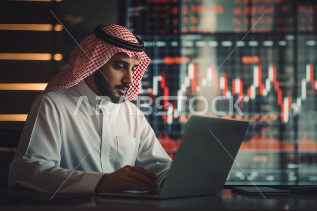 مهن ووظائف ادارية مكتبية, إنجاز المهام العمل المطلوبة ، دمج العمل مع التقنيات والتكنولوجيا، مفهوم إدارة شؤون الأعمال وتنظيمها عبر الاجهزة التقنية، رجل اعمال عربي خليجي سعودي يعمل على الحاسوب المحمول داخل المكتب