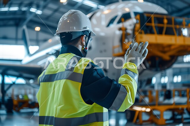 Working in the field of structural engineering, supervising the progress of excavation and construction works, a picture from the back of a Saudi Arabian Gulf engineer following up on plans at the work site, wearing the work protective clothing and helmet, following up on the implementation of architectural projects, Saudi professions and jobs
