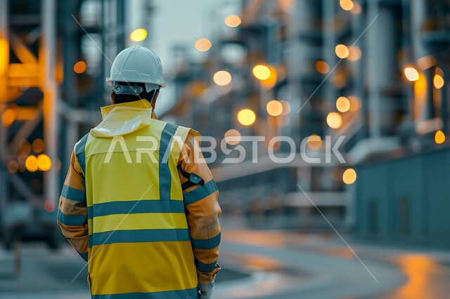 Working in the field of structural engineering, supervising the progress of excavation and construction works, a picture from the back of a Saudi Arabian Gulf engineer following up on plans at the work site, wearing the work protective clothing and helmet, following up on the implementation of architectural projects, Saudi professions and jobs