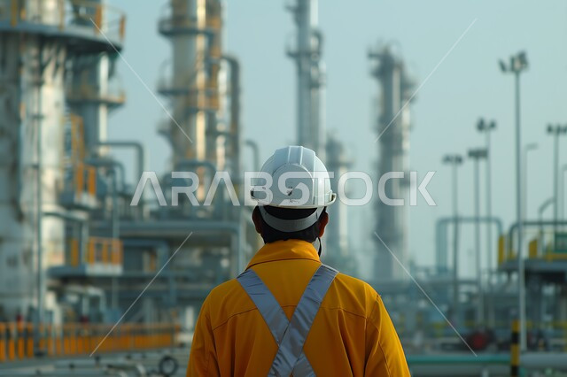 Working in the field of structural engineering, supervising the progress of excavation and construction works, a picture from the back of a Saudi Arabian Gulf engineer following up on plans at the work site, wearing the work protective clothing and helmet, following up on the implementation of architectural projects, Saudi professions and jobs