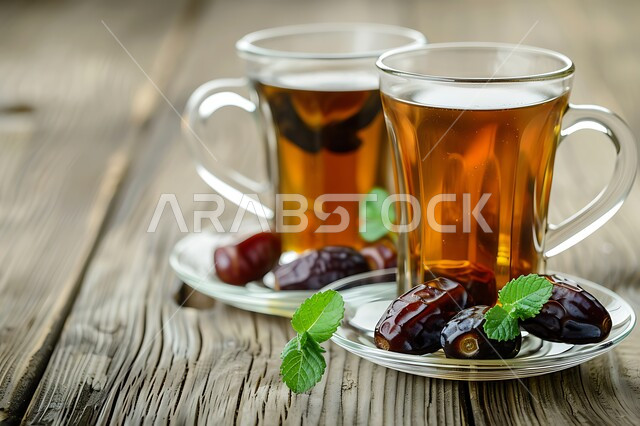 كأس من الشاي مع حبات التمر الطازجة، المشروبات الصحية الساخنة، وجبة ذات قيمة غذائية عالية، المنتجات والمحاصيل المحلية الوطنية في المملكة العربية السعودية، فطور صحي ومفيد