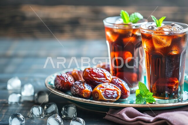 كأس من الشاي مع حبات التمر الطازجة، المشروبات الصحية الساخنة، وجبة ذات قيمة غذائية عالية، المنتجات والمحاصيل المحلية الوطنية في المملكة العربية السعودية، فطور صحي ومفيد