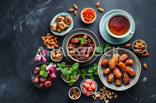 Delicious Ramadan hospitality, delicious healthy nuts and dates, plates full of dates, dried fruits and fresh almonds, Saudi national agricultural crops and local products, healthy and useful food, high nutritional value meal,