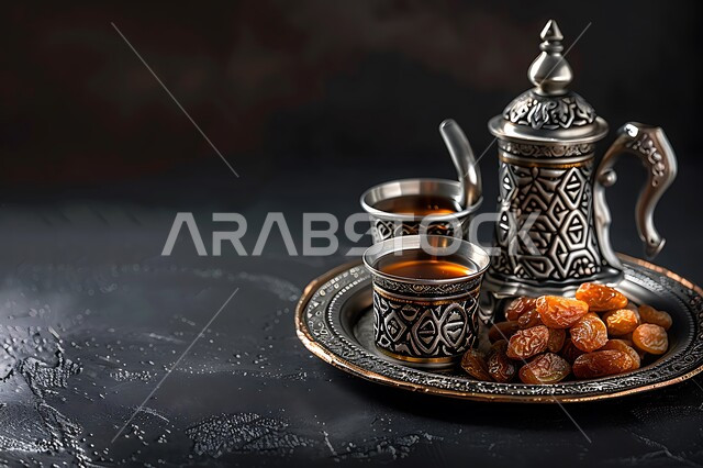 ضيافة رمضانية شهية، مكسرات وتمور صحية لذيذة، أطباق مليئة بالتمر والفواكه المجففة واللوز الطازجة، محاصيل زراعية ومنتجات محلية سعودية وطنية، غذاء صحي ومفيد، وجبة غذائية عالية الأهمية،