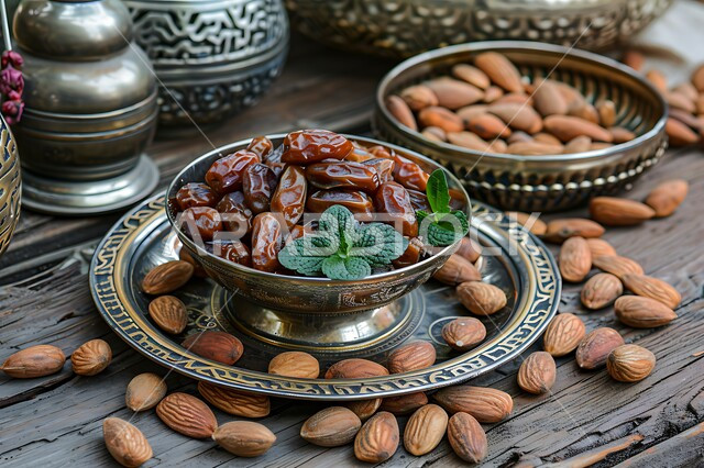 ضيافة رمضانية شهية، مكسرات وتمور صحية لذيذة، أطباق مليئة بالتمر والفواكه المجففة واللوز الطازجة، محاصيل زراعية ومنتجات محلية سعودية وطنية، غذاء صحي ومفيد، وجبة غذائية عالية الأهمية،