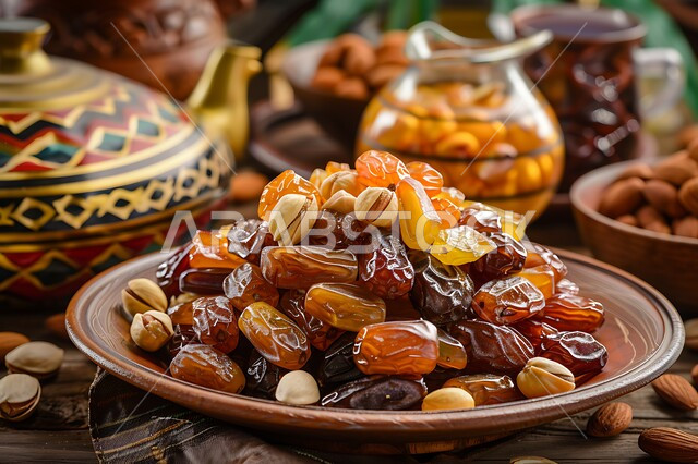 Delicious Ramadan hospitality, delicious healthy nuts and dates, plates full of dates, dried fruits and fresh almonds, Saudi national agricultural crops and local products, healthy and useful food, high nutritional value meal,