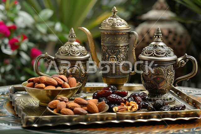 Delicious Ramadan hospitality, delicious healthy nuts and dates, plates full of dates, dried fruits and fresh almonds, Saudi national agricultural crops and local products, healthy and useful food, high nutritional value meal,