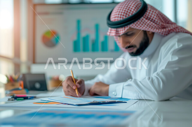 The concept of accuracy and focus in completing transactions, achieving the company's financial goals, a close-up image of a Saudi Arabian Gulf businessman studying profits, collecting stock market and stock exchange data, studying and analyzing statistics and charts, integrating technology with work.