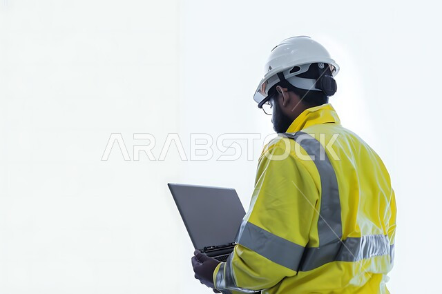 Using modern technical devices in the engineering field, caring about work affairs, close-up portrait from the back of a Saudi Arabian Gulf engineer wearing a protective jacket and helmet holding a laptop in his hand, Saudi engineering professions and jobs, white background