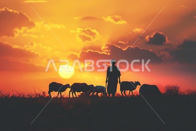 أضاحي وقربان عيد الأضحى المبارك، الاهتمام بتربية الثدييات والمواشي، صورة ظلية لراعي يرعى قطيعا من الأغنام، منظر غروب الشمس في المناطق الطبيعية بالمملكة العربية السعودية، خلفية قباب ومآذن المساجد ، سيلويت