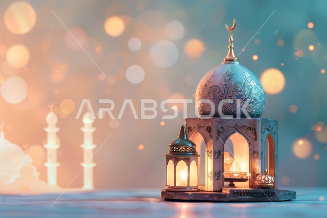 الاعياد والمناسبات الدينية، مجسم ثلاثي الابعاد لمسجد على الطراز الاسلامي، العبادة والتقرب الى الله في شهر رمضان المبارك، أجواء رمضانية روحانية، بطاقة تهنئة المسلمين بقدوم العيد، ديكورات وزينة وتصاميم اسلامية دينية فاخرة،