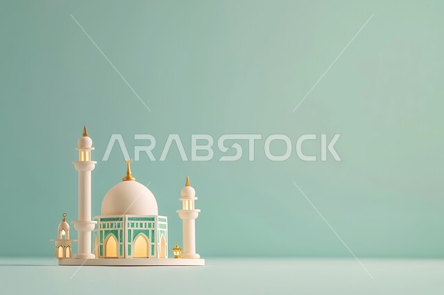 الاعياد والمناسبات الدينية، مجسم ثلاثي الابعاد لمسجد على الطراز الاسلامي، العبادة والتقرب الى الله في شهر رمضان المبارك، أجواء رمضانية روحانية، بطاقة تهنئة المسلمين بقدوم العيد، ديكورات وزينة وتصاميم اسلامية دينية فاخرة، خلفية زرقاء