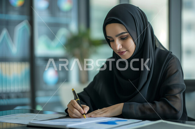 Collecting stock market and stock exchange data, the concept of accuracy and focus in completing transactions, achieving the company's financial goals, a close-up image of a Saudi Arabian Gulf businesswoman studying profits, studying and analyzing statistics and charts, integrating technology with work.