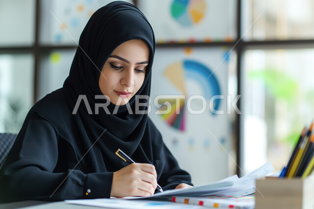 Collecting stock market and stock exchange data, the concept of accuracy and focus in completing transactions, achieving the company's financial goals, a close-up image of a Saudi Arabian Gulf businesswoman studying profits, studying and analyzing statistics and charts, integrating technology with work.