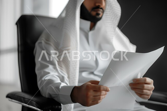 مفهوم الدقة والتركيز في انجاز المعاملات، تحقيق الاهداف المالية للشركة، صورة مقربة لرجل أعمال عربي خليجي سعودي يقوم بدراسة الأرباح، جمع بيانات البورصه وسوق الأسهم, دراسة و تحليل الاحصائيات و الرسوم البيانية, دمج التكنولوجيا مع العمل.