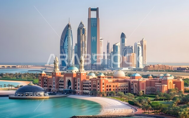 منظر تخيلي للتطور والنمو العمراني في المملكة العربية السعودية, الأبراج وناطحات السحاب الشاهقة, صورة من الأعلى للمباني والفنادق الحديثة المطلة على المنطقة الساحلية, الواجهة البحرية السياحية, موانئ السفن والقوارب على شاطئ البحر، رؤية مستقبلية سعودية 2030  