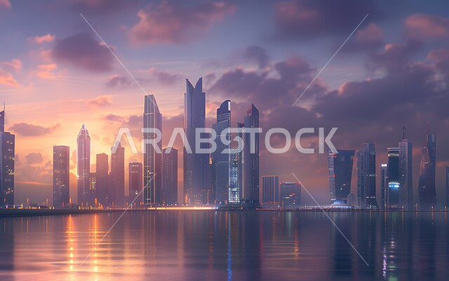 منظر تخيلي للتطور والنمو العمراني في المملكة العربية السعودية, الأبراج وناطحات السحاب الشاهقة, صورة من الأعلى للمباني والفنادق الحديثة المطلة على المنطقة الساحلية, الواجهة البحرية السياحية, موانئ السفن والقوارب على شاطئ البحر، رؤية مستقبلية سعودية 2030  