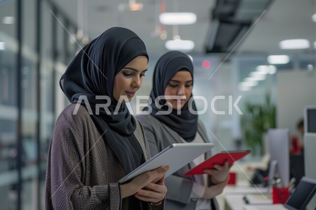 The concept of accomplishing tasks remotely, using modern advanced devices and technologies, a close-up image of two veiled Saudi Arabian Gulf girls holding a tablet, online shopping, following up and managing administrative work, browsing websites, expressions of integration and focus