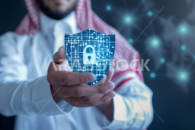 تأمين المعلومات الحساسة وحمايتها من الهجمات، خطوط الاتصال و البرمجة الحاسوبية، مفهوم الامن السيبراني والحفاظ على المعلومات، خلفية شاشات هولوجراميه ثلاثية الابعاد لقفل الأمان، الخوارزميات والرموز المضيئة للتقنيه والتكنولوجيا الحديثة