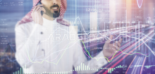 A close-up image of a Saudi Gulf economic analyst, talking on a mobile phone in front of a digital screen with hologram technology, stock exchange and financial stocks, 3D hologram feature, electronic digital codes.