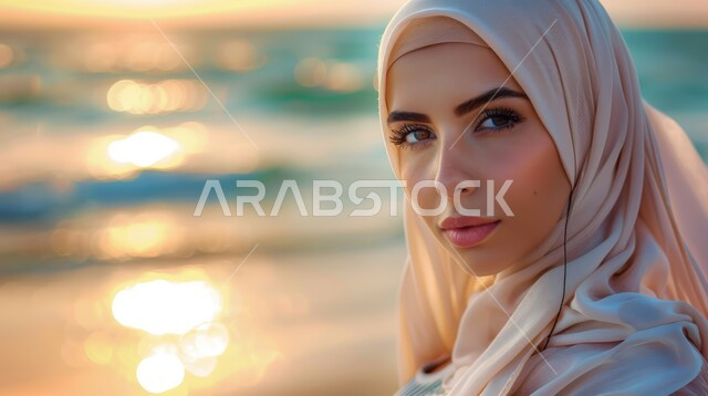 الأناقة والاهتمام بالمظهر الخارجي، حجابات نسائية عصريه حديثه, مفهوم الأنوثة والنعومة، صورة مقربة لإمرأة عربية خليجية سعودية محجبة مبتسمة تنظر إلى الكاميرا بإيماءات الثقة بالنفس والسرور، خلفية شاطئ البحر