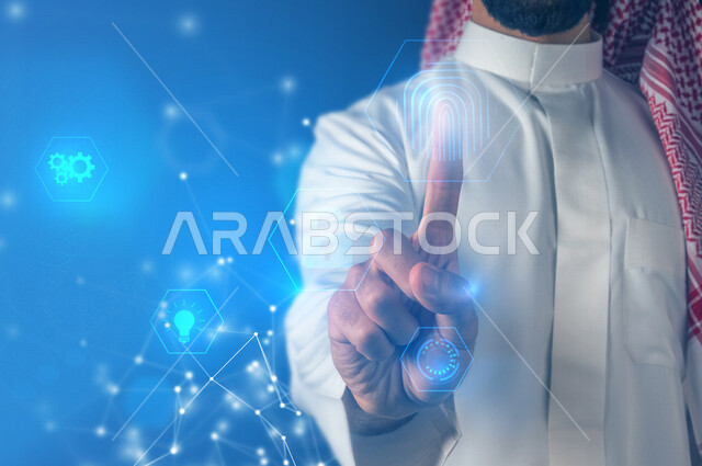 صورة مقربة ليد رجل خليجي سعودي ، يضغط بأصبعه بتقنية الهولوجرام ، اشارة بصمة مضيئة و شبكة سداسية تحتوي على أيقونات خاصة ، خاصية الهولجرام ثلاثية الأبعاد ، رموز رقمية الكترونية .
